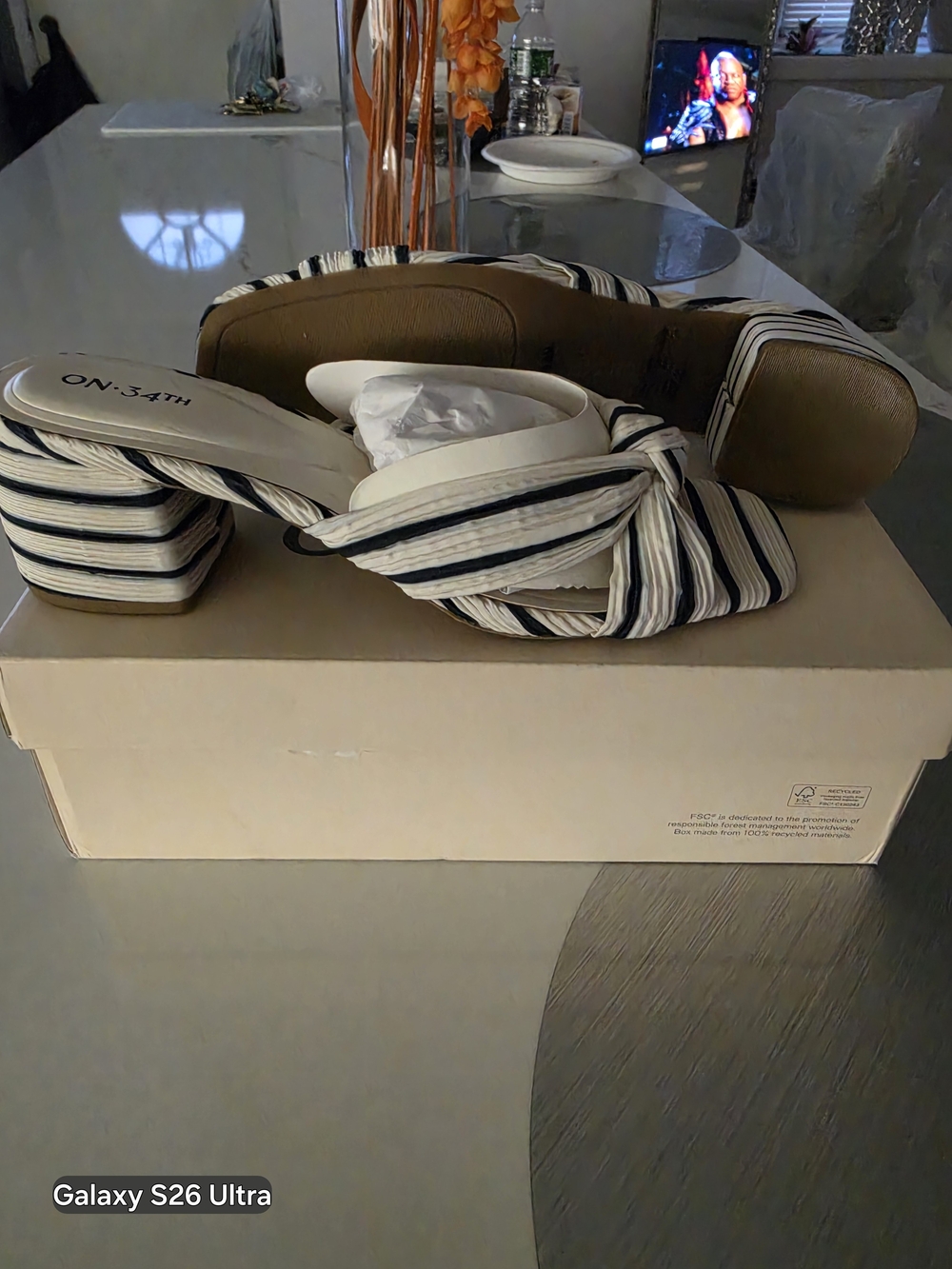ON-34TH Striped Knot Front Block Heel Mules in Black & Cream